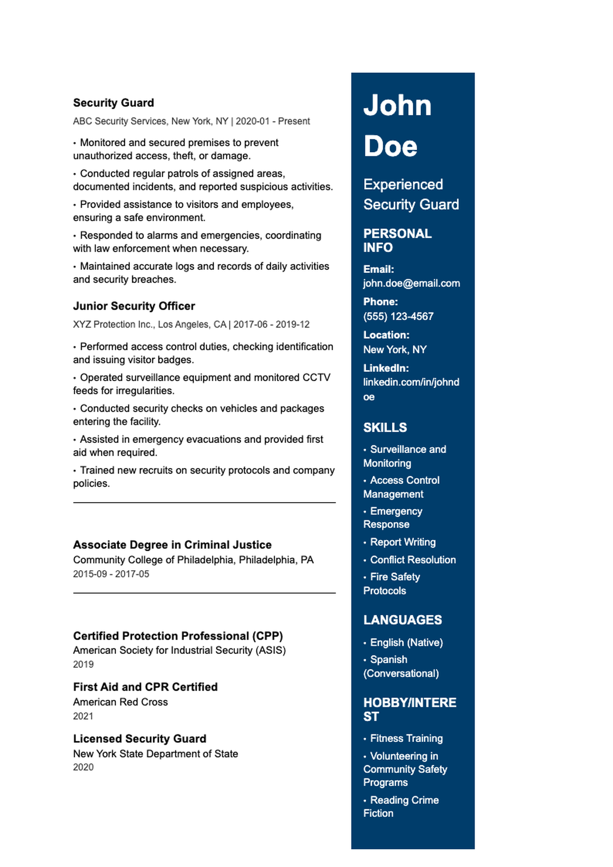 Professional security guard resume with blue sidebar and detailed work history_variant_2